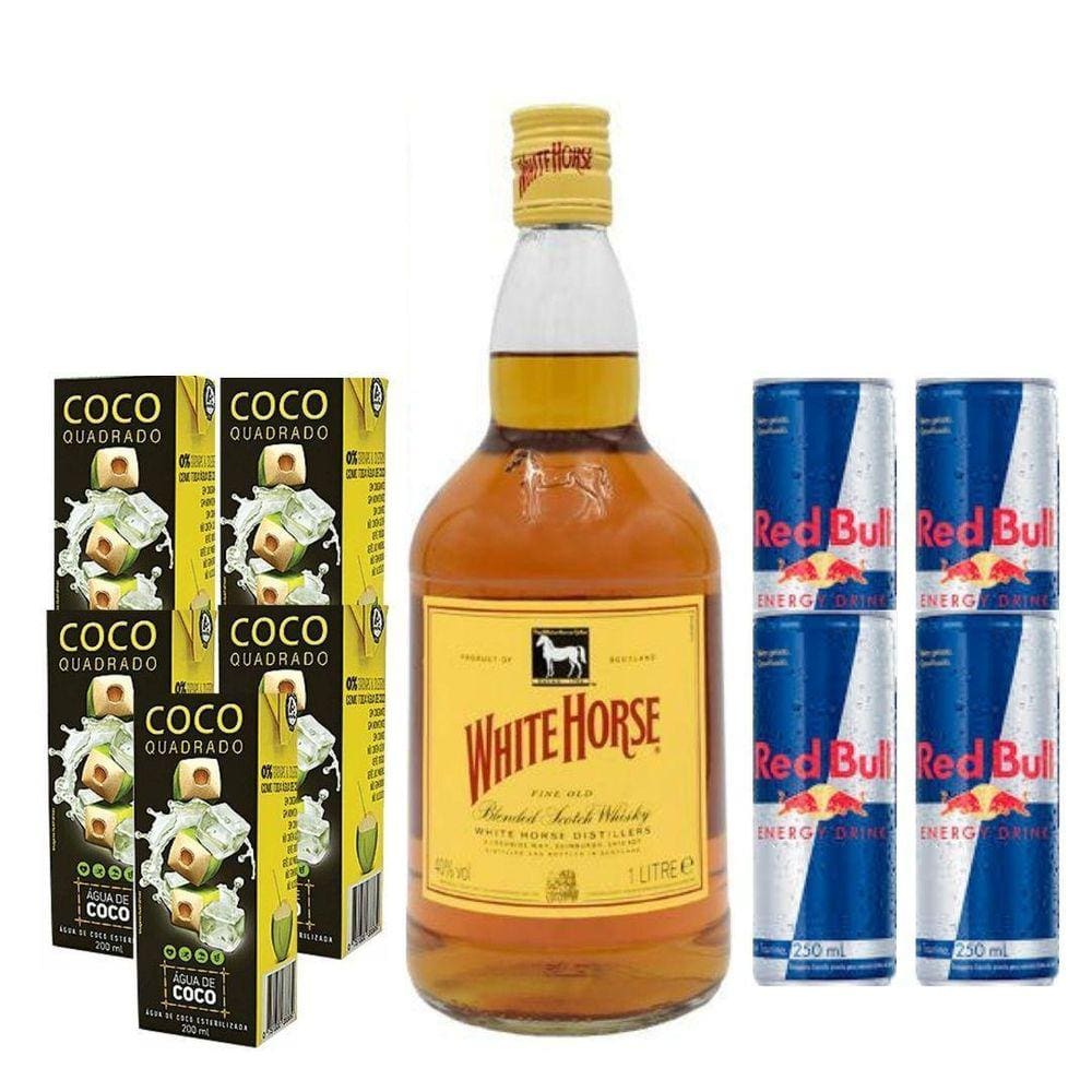 Kit Whisky Cavalo Branco 1L + 4 Red Bulls + Água De Coco