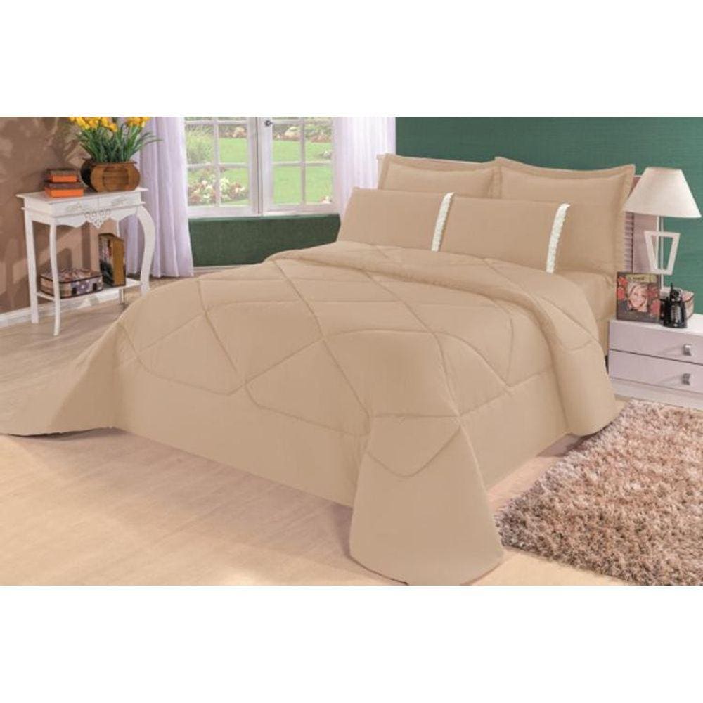 Kit Edredom + Lençol Dupla Face Casal Queen 6 Pç Caqui