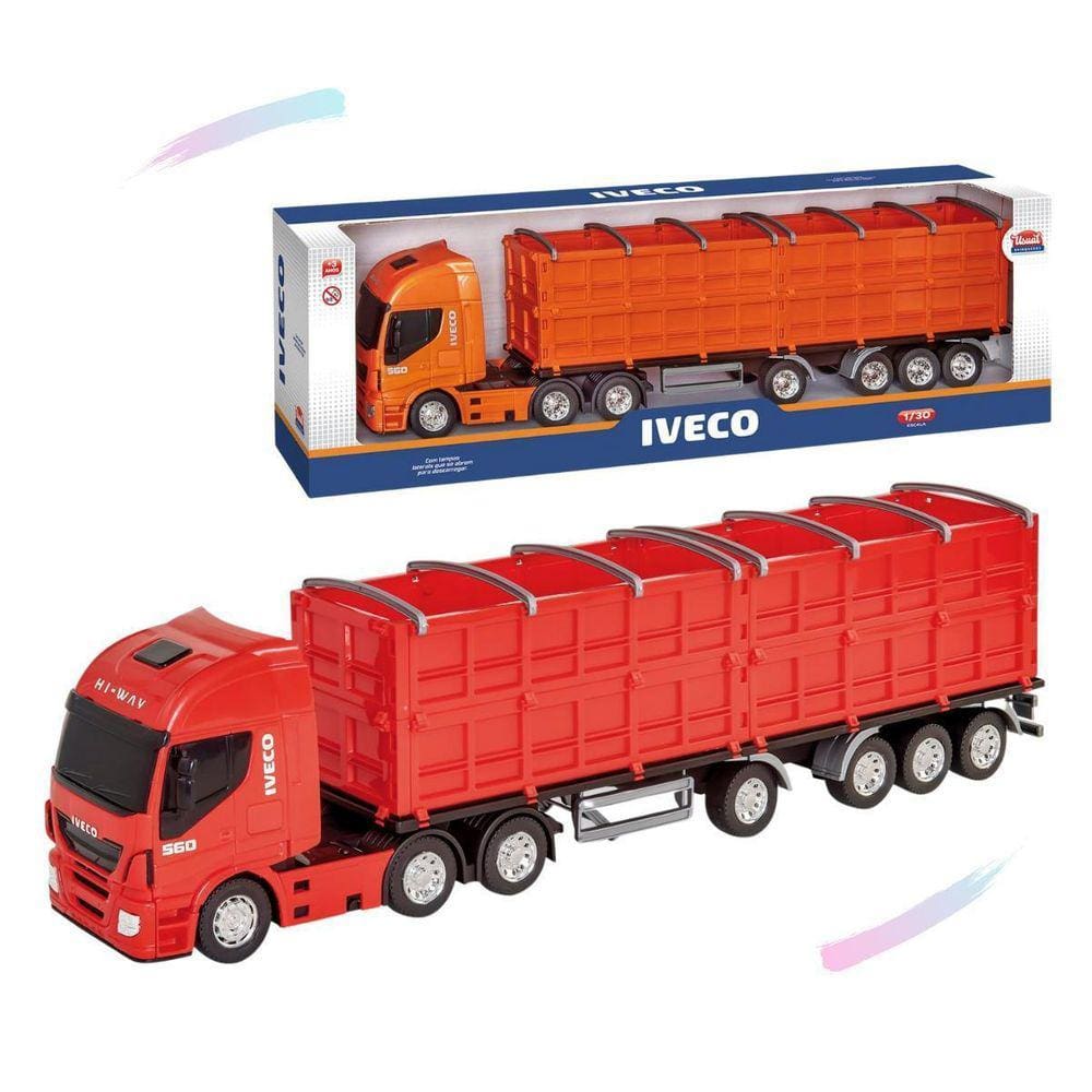 Caminhão de brinquedo Iveco Tector arqueado, tudo bem simples. 