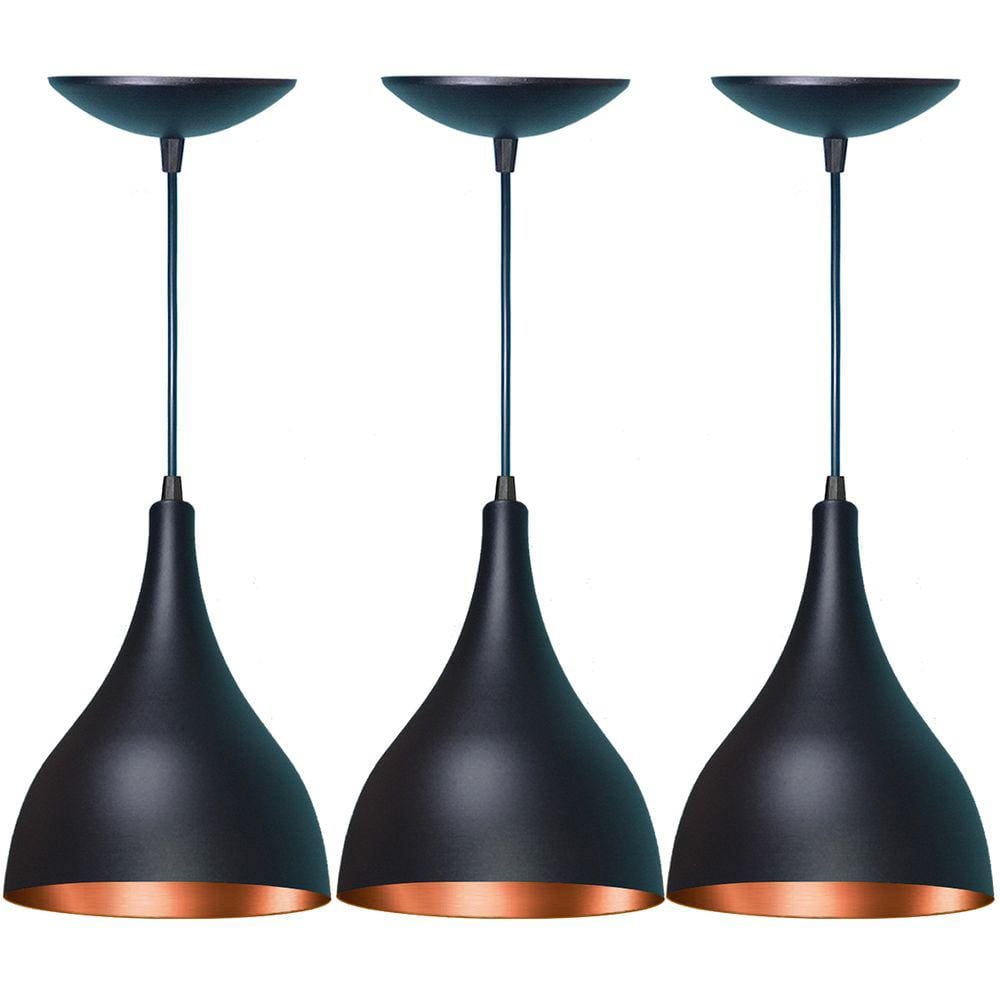 Kit 3 Lustres Pendente Gota Em Alumínio Preta Fosca E Cobre