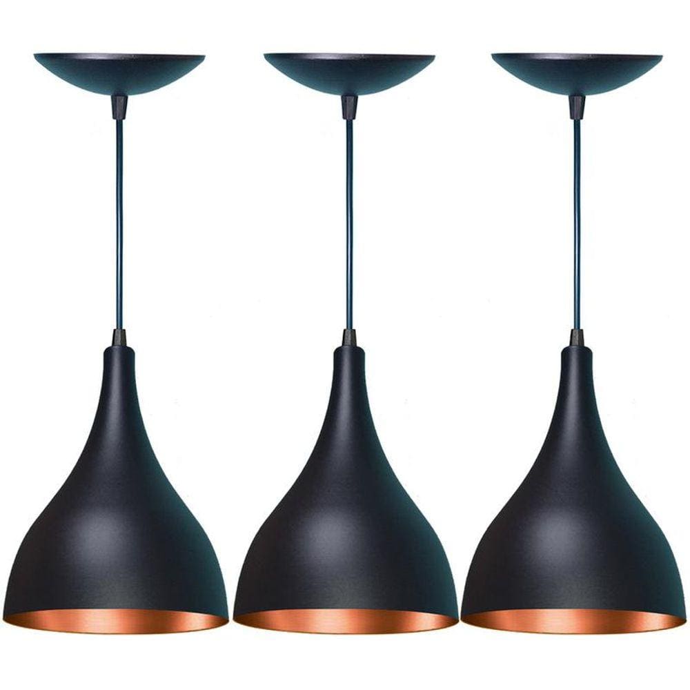 Kit 3 Lustres Pendente Gota em Alumínio Preta Fosca e Cobre