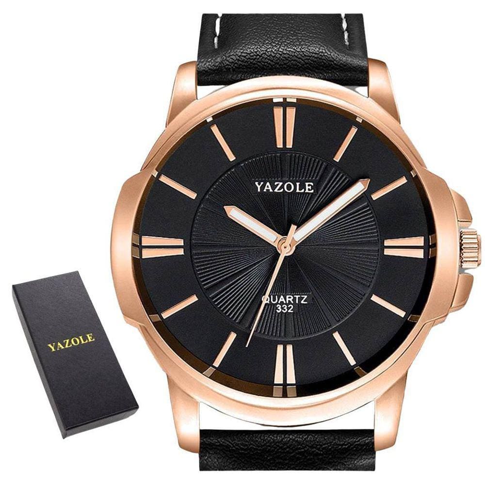 Relógio Masculino Preto Yazole 332 Bronze Couro + Estojo