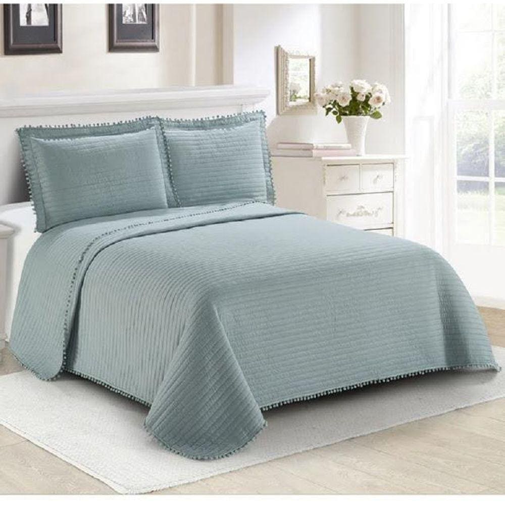 Colcha Pompom Solteiro 160X230 - Azul