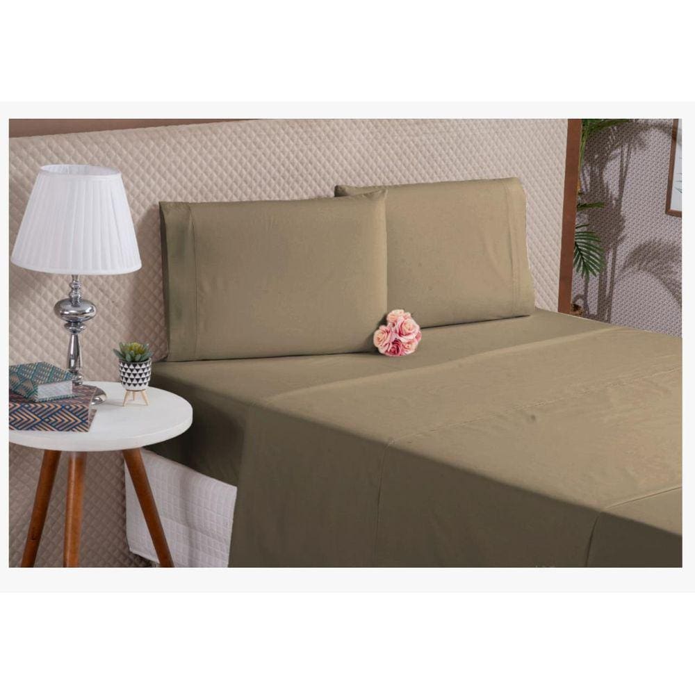 Lençol 4 Peças Algodão Casal Padrão Cáqui Percal 180 Fios