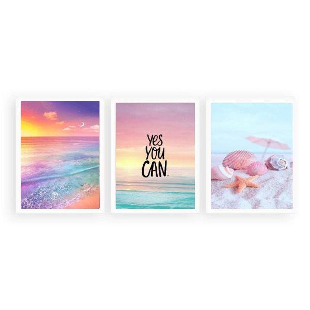 Kit 3 Quadros Frase Praia Motivacional 33X24Cm - Com Vidro