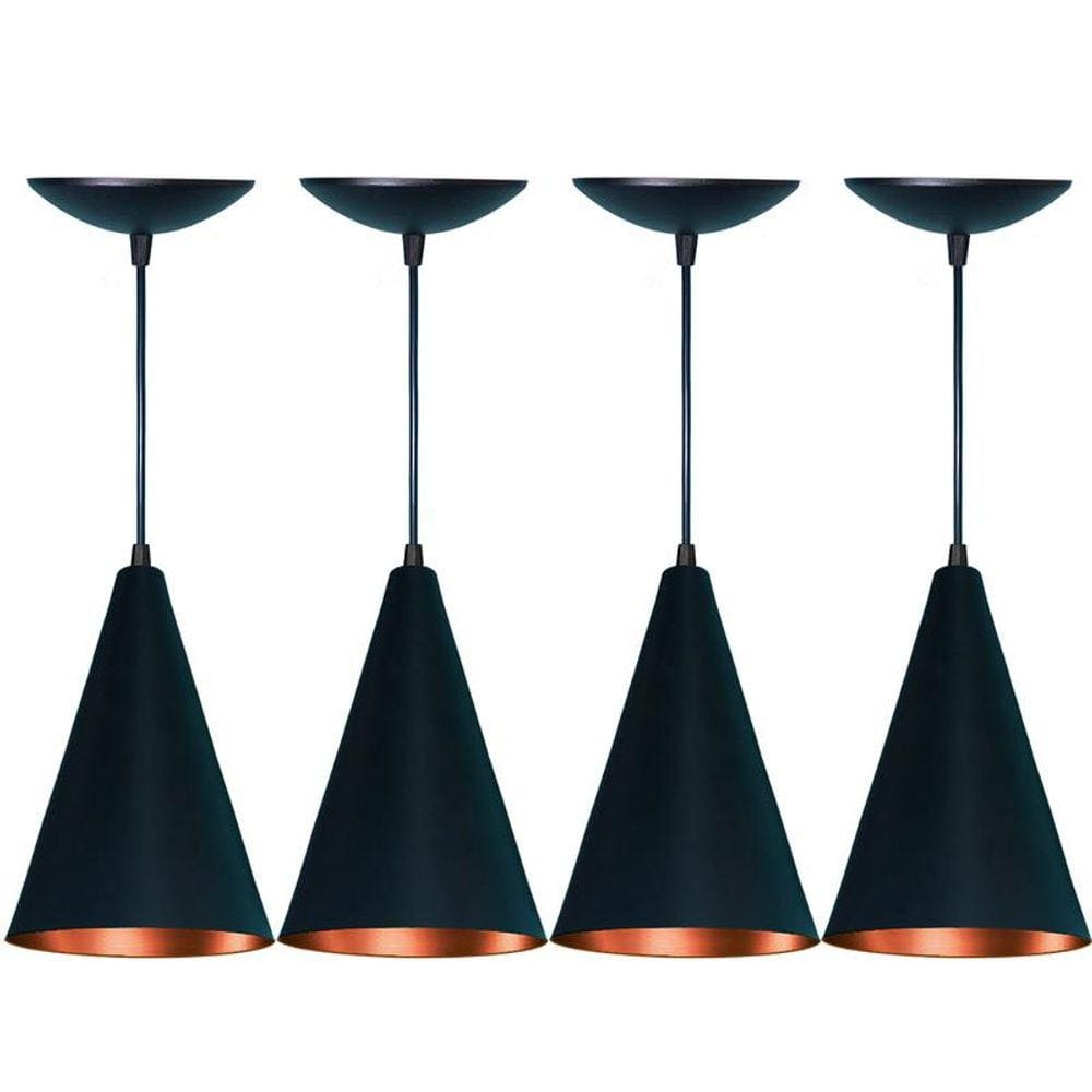 Kit 4 Lustres Pendente Cone em Alumínio Preto Fosco/Cobre