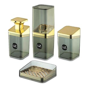 Kit Higiene Slim Banheiro 4Pç Com Porta Escova Uz Dourado