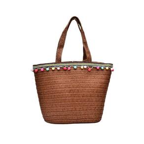 Bolsa Em Palha Com Pompons Tote Bag Pagani Pg6926 Café