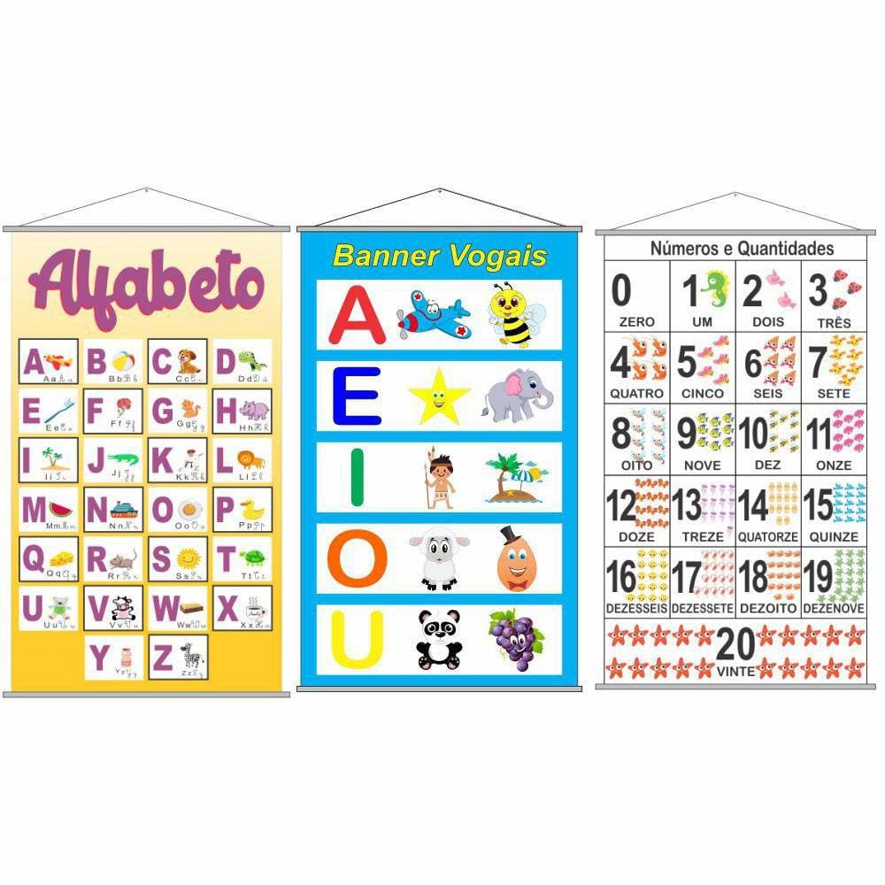 Kit 3 Banners Pedagógicos Para Alfabetização E N° Até 20 P