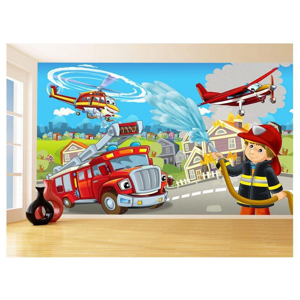 Papel De Parede 3D Infantil Bombeiros Caminhão 3,5M Azs349