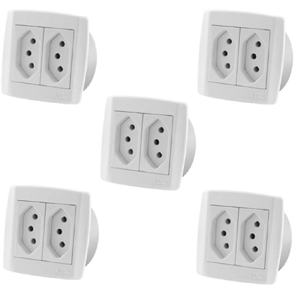 Kit Com 5 Pç Tomada 20A Dupla Para Móveis Ilumi Slim Branca