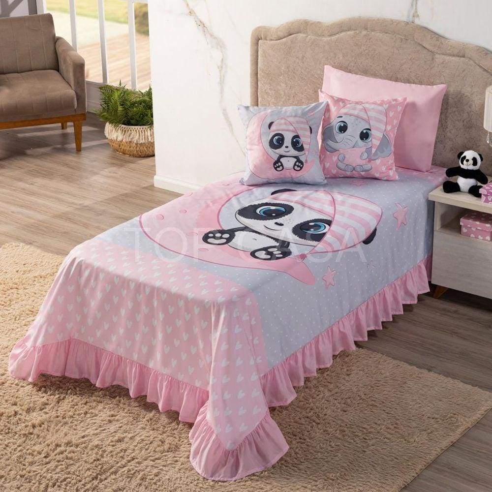 Colcha Cobre-Leito Infantil Solteiro 4 Peças Panda Rosa