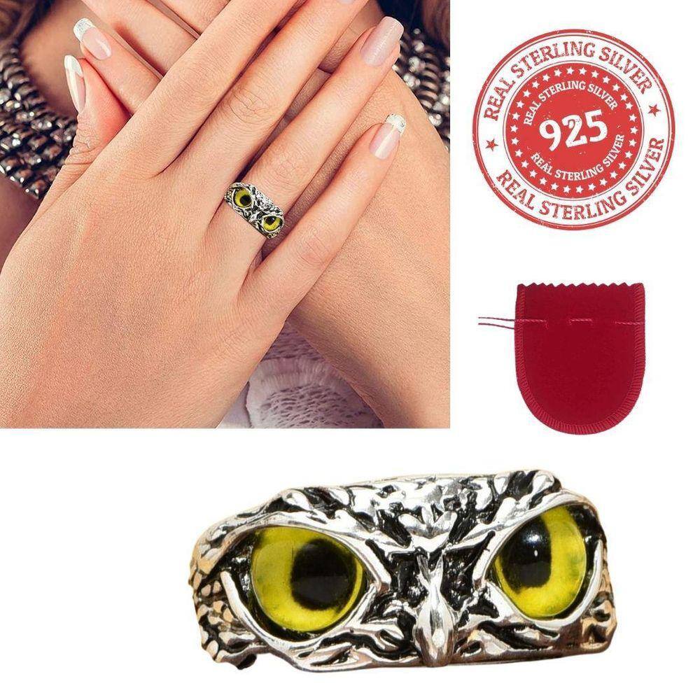 Anel Prata 925 Coruja Sabedoria Olho Amarelo Ajustável