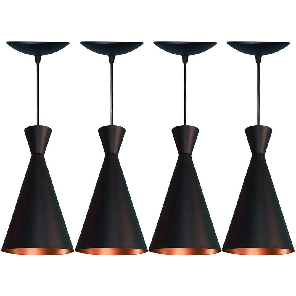 Kit 4 Lustres Pendente Cone Estilo Dixon Preto Fosco/Cobre