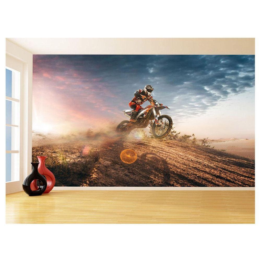 Papel De Parede 3D Moto Grau Empinando Manobra 3,5M Bkm29 - Você