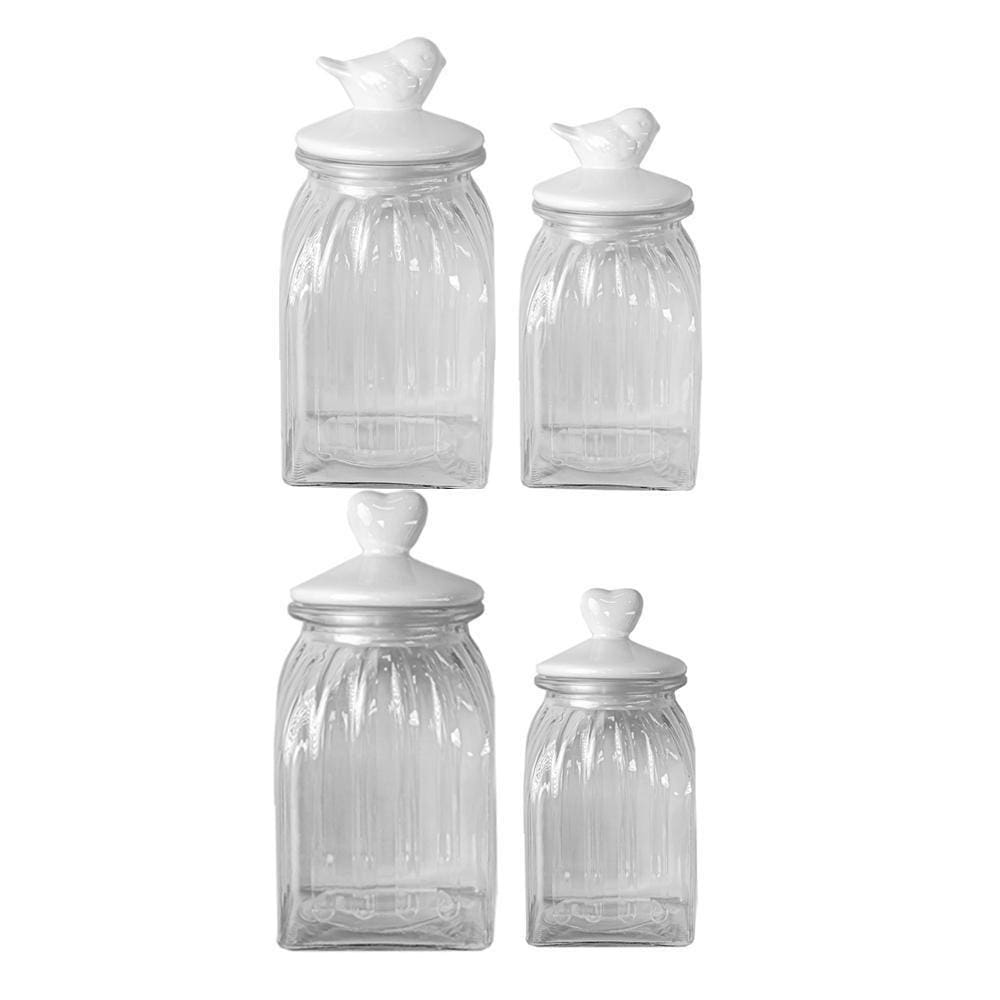Kit 4 Potes Vidro Tampa Cerâmica Pássaro Coração 750/1500Ml