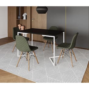 Mesa Jantar Industrial com 4 Cadeiras Estofadas Verde Madeira Tampo Preto 120x75 Base V Aço Branco