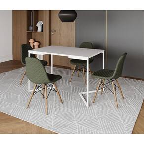 Mesa Jantar Industrial com 4 Cadeiras Estofadas Verde Madeira Tampo Branco 120x75 Base V Aço Branco