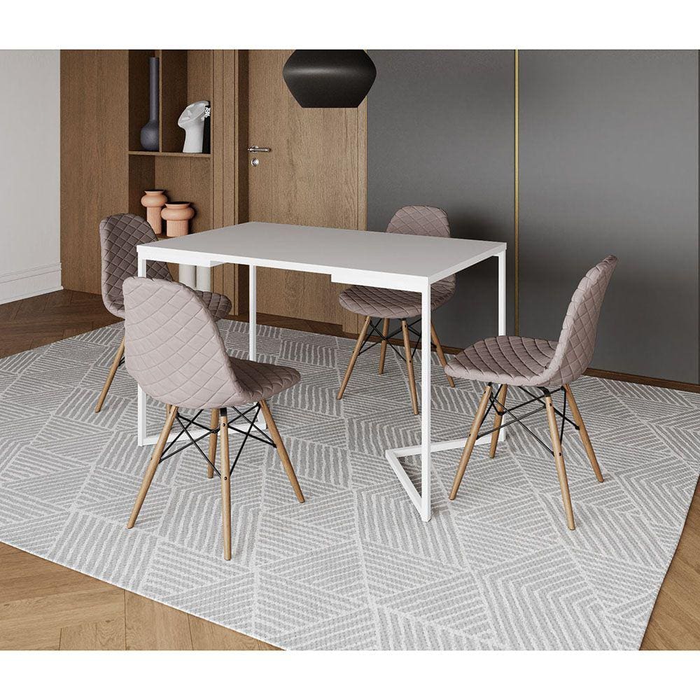 Mesa Jantar Industrial + 4 Cadeiras Estofada Nude Médio Madeira Tampo Branco 120x75 Base V Aço Branc