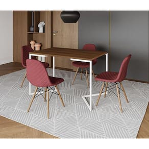 Mesa Jantar Industrial + 4 Cadeiras Estofada Vermelha Madeira Tampo Amêndoa 120x75 Base V Aço Branco