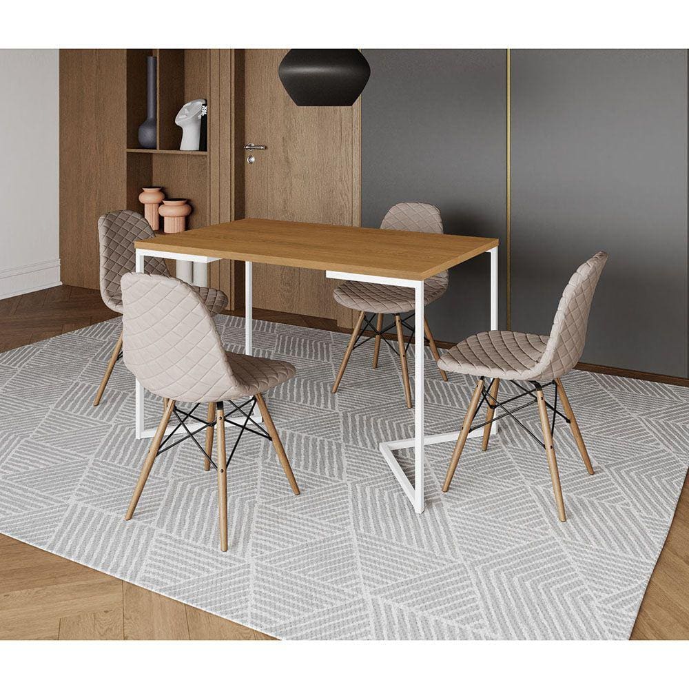 Mesa Jantar Industrial + 4 Cadeiras Estofadas Nude Médio Madeira Tampo Canela 120x75 Base V Aço Bran