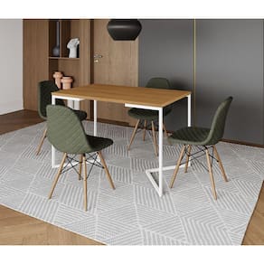 Mesa Jantar Industrial com 4 Cadeiras Estofadas Verde Madeira Tampo Canela 120x75 Base V Aço Branco
