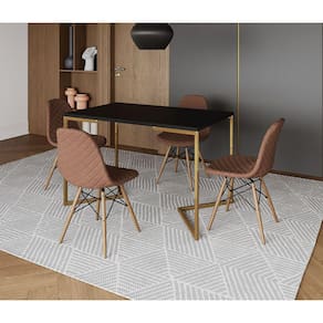 Mesa Jantar Industrial + 4 Cadeiras Estofada Caramelo Madeira Tampo Preto 120x75 Base V Aço Dourado