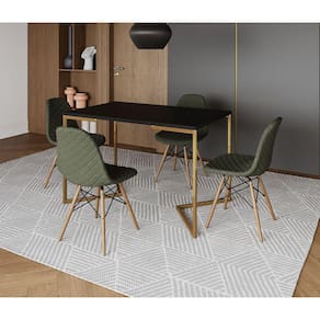 Mesa Jantar Industrial com 4 Cadeiras Estofadas Verde Madeira Tampo Preto 120x75 Base V Aço Dourado