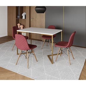 Mesa Jantar Industrial C/ 4 Cadeiras Estofadas Vermelha Madeira Tampo Branco 120x75 Base V Aço Doura
