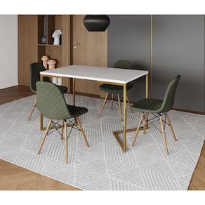 Mesa Jantar Industrial com 4 Cadeiras Estofadas Verde Madeira Tampo Branco 120x75 Base V Aço Dourado