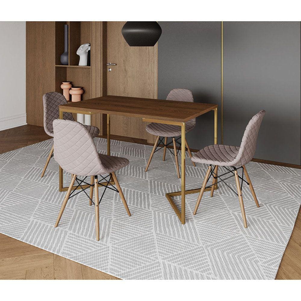 Mesa Jantar Industrial + 4 Cadeiras Estofada Nude Médio Madeira Tampo Amêndoa 120x75 Base V Aço Dour