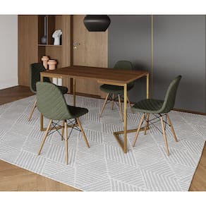 Mesa Jantar Industrial com 4 Cadeiras Estofadas Verde Madeira Tampo Amêndoa 120x75 Base V Aço Dourad