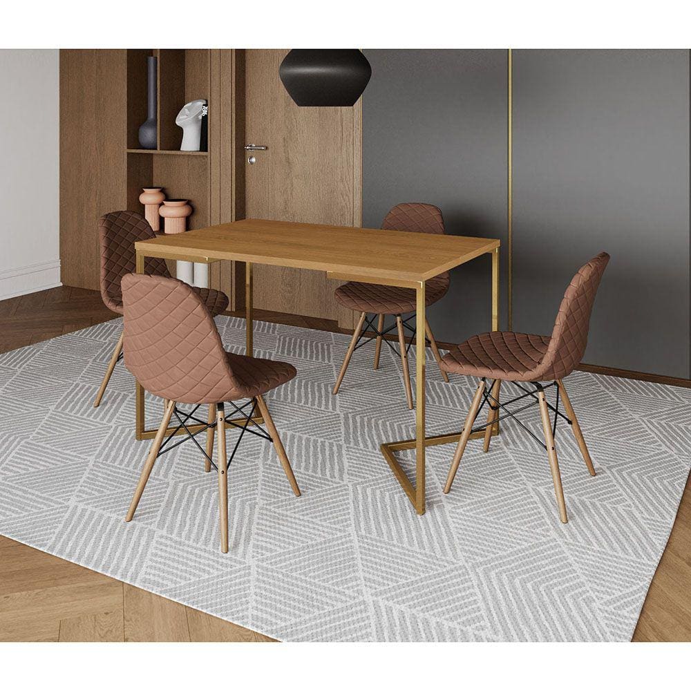 Mesa Jantar Industrial com 4 Cadeiras Estofada Caramelo Madeira Tampo Canela 120x75 Base V Aço Doura