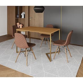 Mesa Jantar Industrial com 4 Cadeiras Estofada Vermelha Madeira Tampo Canela 120x75 Base V Aço Doura