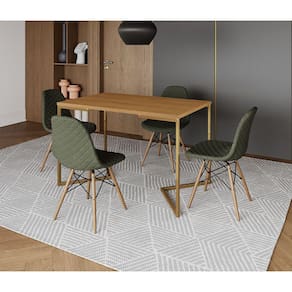 Mesa Jantar Industrial com 4 Cadeiras Estofadas Verde Madeira Tampo Canela 120x75 Base V Aço Dourado
