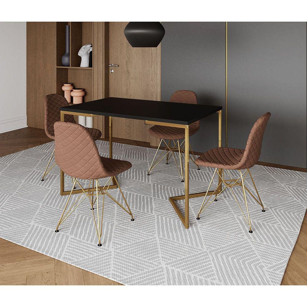 Mesa Jantar Industrial Retangular Preta 120x75 Base V + 4 Cadeiras Estofada Eames Caramelo Aço Doura