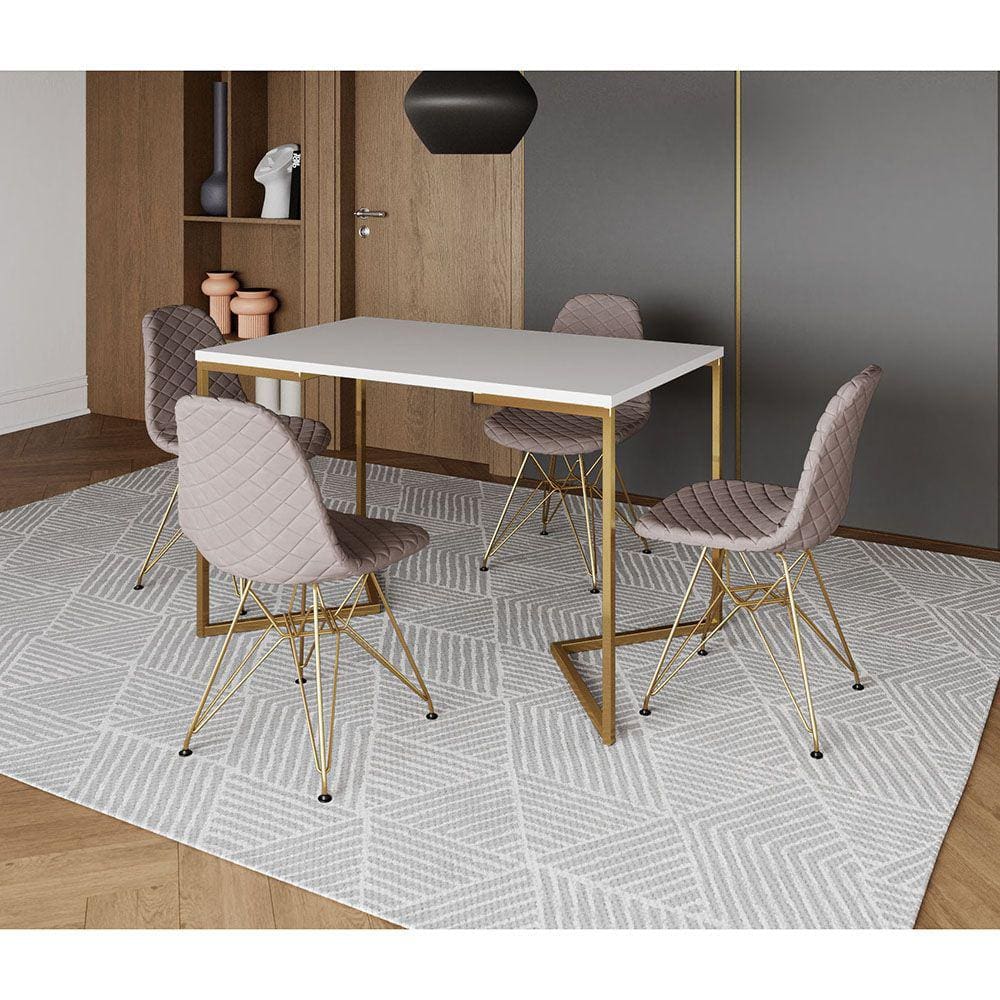 Mesa Jantar Industrial Retangular Branca 120x75 Base V com 4 Cadeiras Estofada Nude Médio Aço Dourad