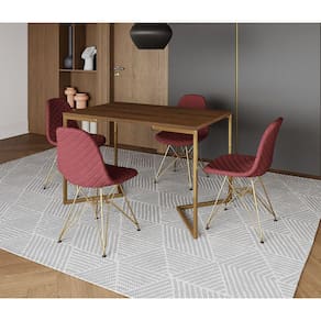 Mesa Jantar Industrial Retangular Amêndoa 120x75 Base V com 4 Cadeiras Estofada Vermelha Aço Dourado