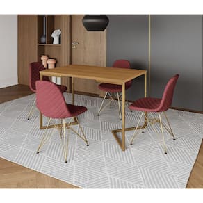 Mesa Jantar Industrial Retangular Canela 120x75 Base V com 4 Cadeiras Estofadas Vermelha Aço Dourado
