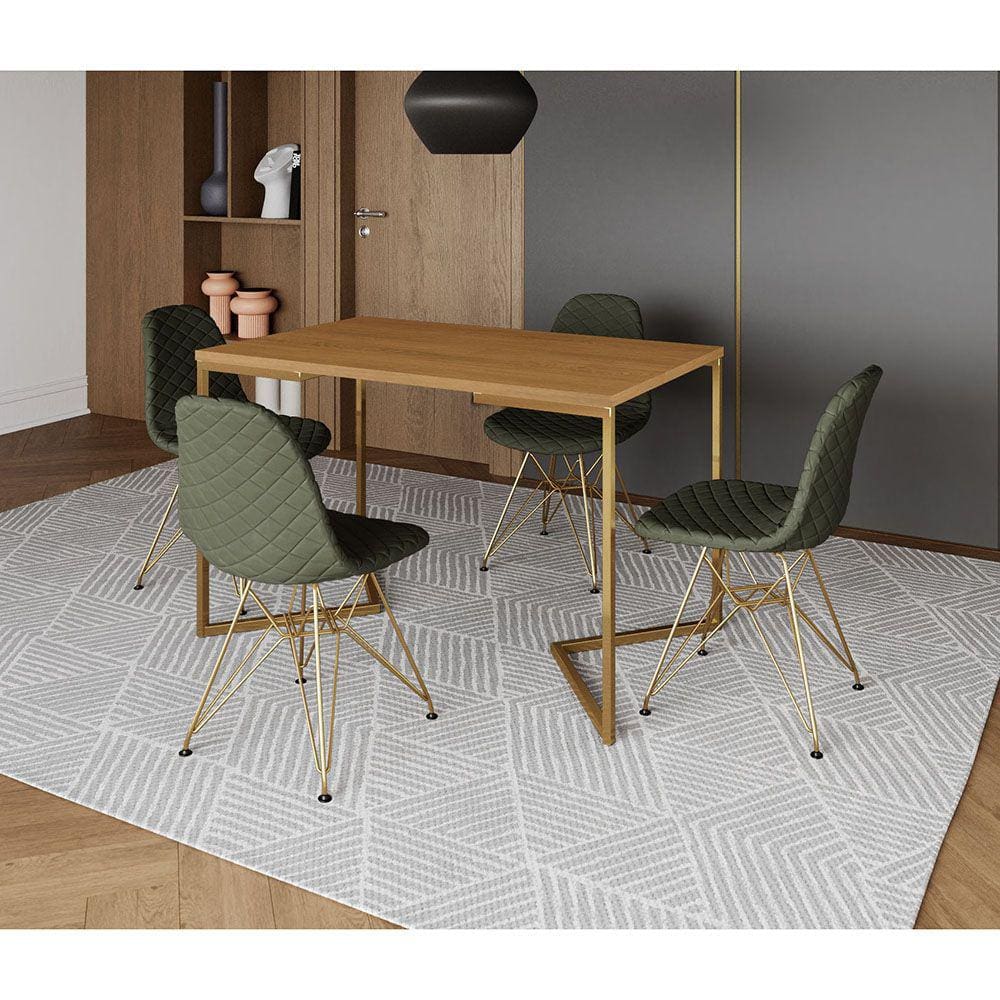 Mesa Jantar Industrial Retangular Canela 120x75 Base V com 4 Cadeiras Estofadas Verde Aço Dourado