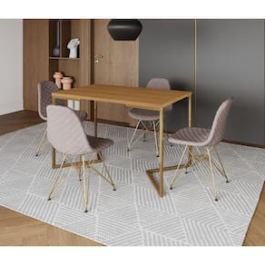 Mesa Jantar Industrial Retangular Canela 120x75 Base V com 4 Cadeiras Estofada Nude Médio Aço Dourad