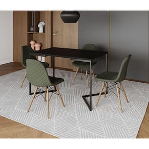 Mesa Jantar Industrial com 4 Cadeiras Estofadas Verde Madeira Tampo Preto 120x75 Base V Aço Preto