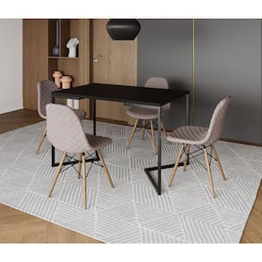 Mesa Jantar Industrial com 4 Cadeiras Estofadas Nude Médio Madeira Tampo Preto 120x75 Base V Aço Pre