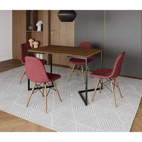 Mesa Jantar Industrial com 4 Cadeiras Estofadas Vermelha Madeira Tampo Amêndoa 120x75 Base V Aço Pre
