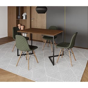 Mesa Jantar Industrial com 4 Cadeiras Estofadas Verde Madeira Tampo Amêndoa 120x75 Base V Aço Preto