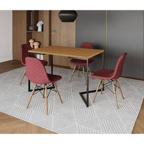 Mesa Jantar Industrial com 4 Cadeiras Estofadas Vermelha Madeira Tampo Canela 120x75 Base V Aço Pret