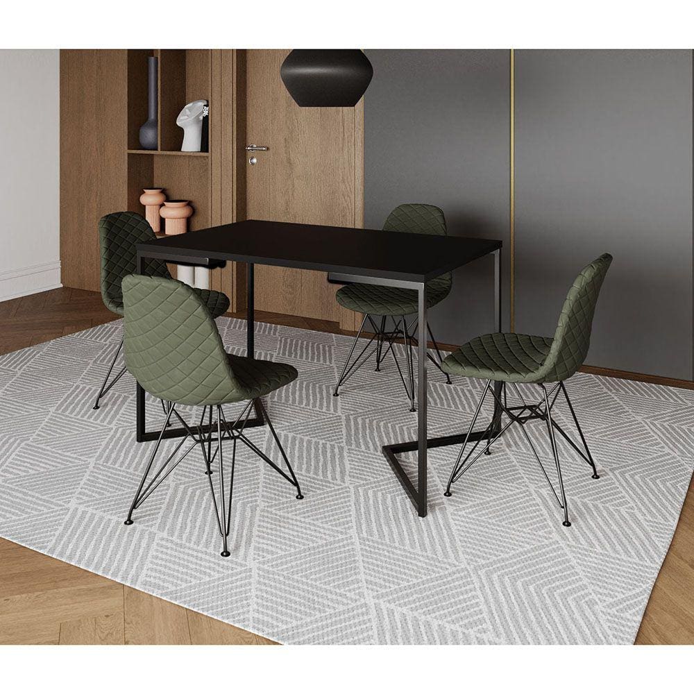 Mesa Jantar Industrial Retangular Preta 120x75 Base V C/ 4 Cadeiras Estofadas Eiffel Verdes Aço Pret