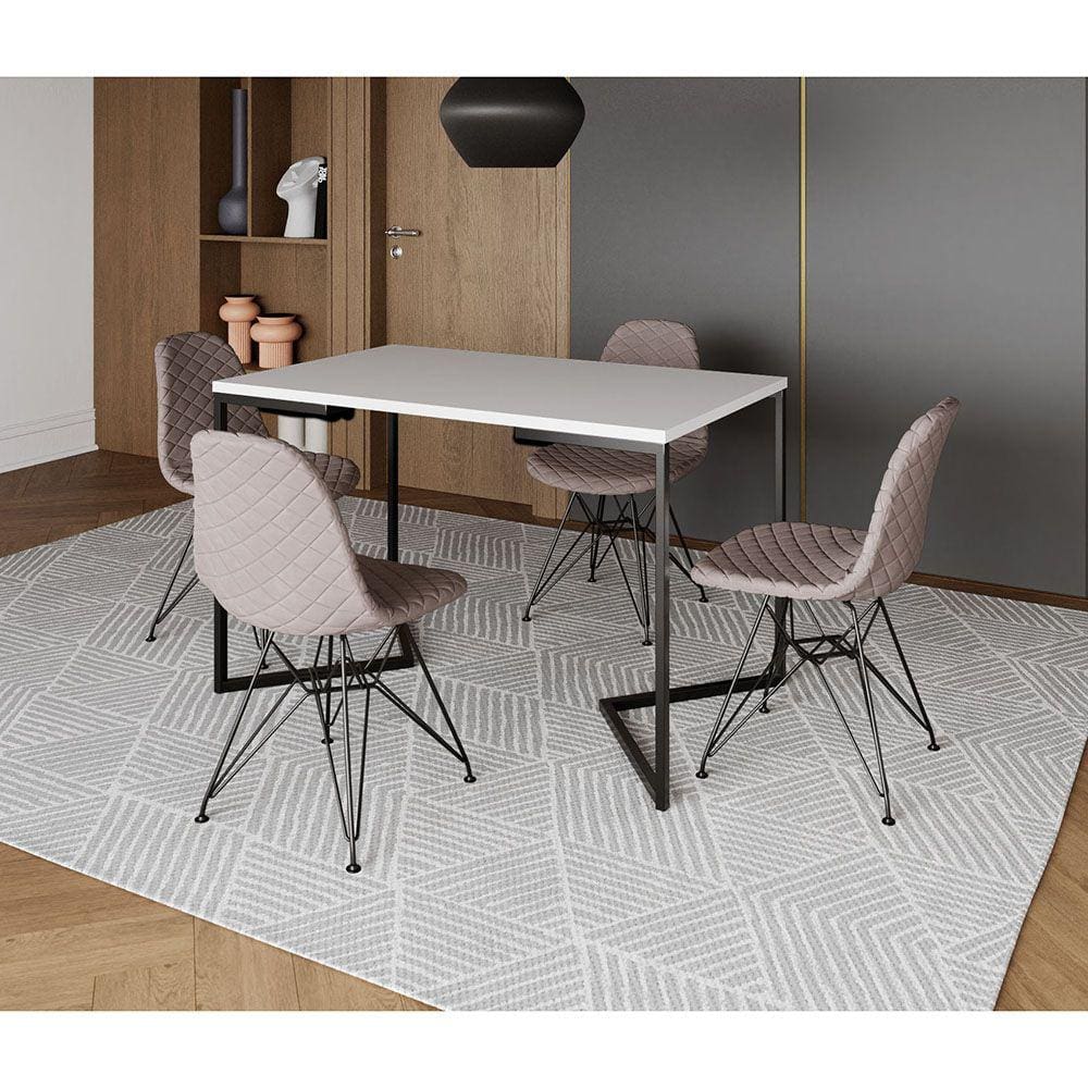 Mesa Jantar Industrial Retangular Branca 120x75 Base V com 4 Cadeiras Estofadas Nude Médio Aço Preto