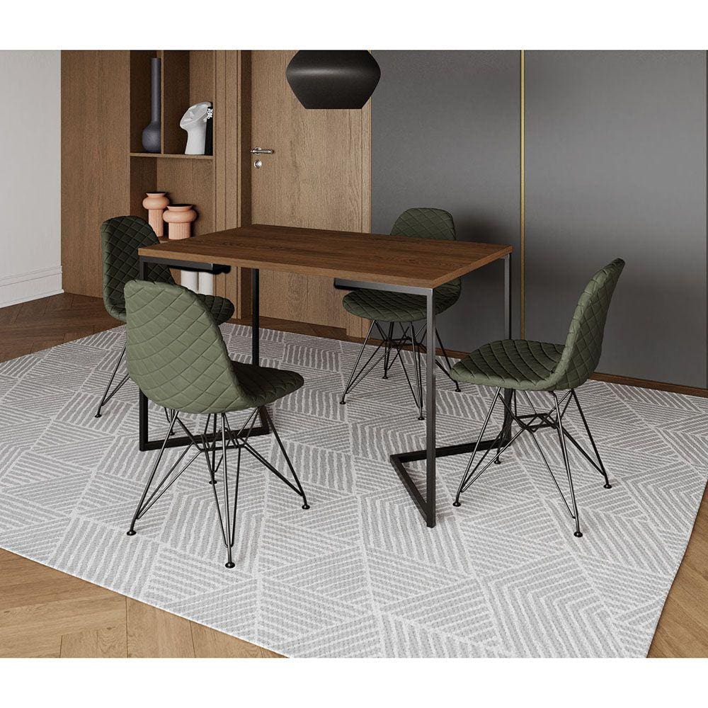 Mesa Jantar Industrial Retangular Amêndoa 120x75 Base V com 4 Cadeiras Estofadas Verdes Aço Preto 
