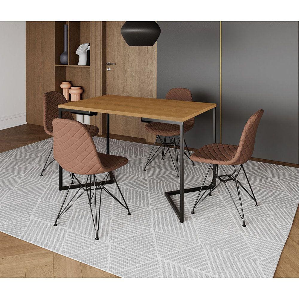 Mesa Jantar Industrial Retangular Canela 120x75 Base V com 4 Cadeiras Estofadas Caramelo Aço Preto 
